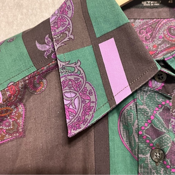 ETRO Shirt Womens Paisley Button Up Long Sleeve Stretch Cotton Purple Italy - Picture 6 of 13